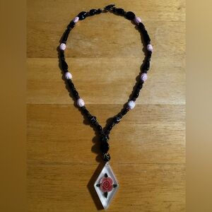 Statement Glass Lampwork Beaded Resin Pendant with Rose Necklace